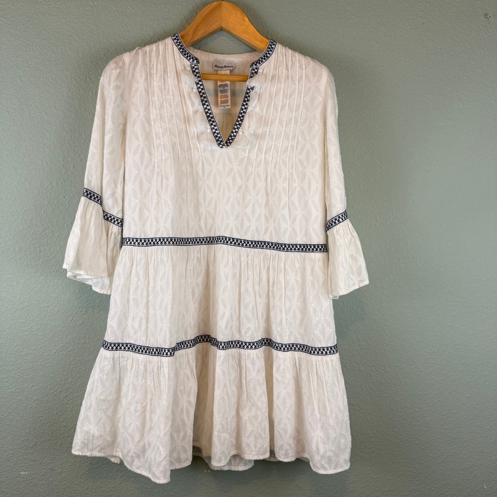Tommy Bahama Womens White Cotton Tiered Mini Dress Blue Embroidered Tassel S/P